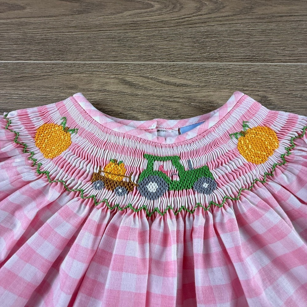 Classic Whimsy Girls Pink Gingham Smocked Pumpkin Tractor Dress Size 4 Fall